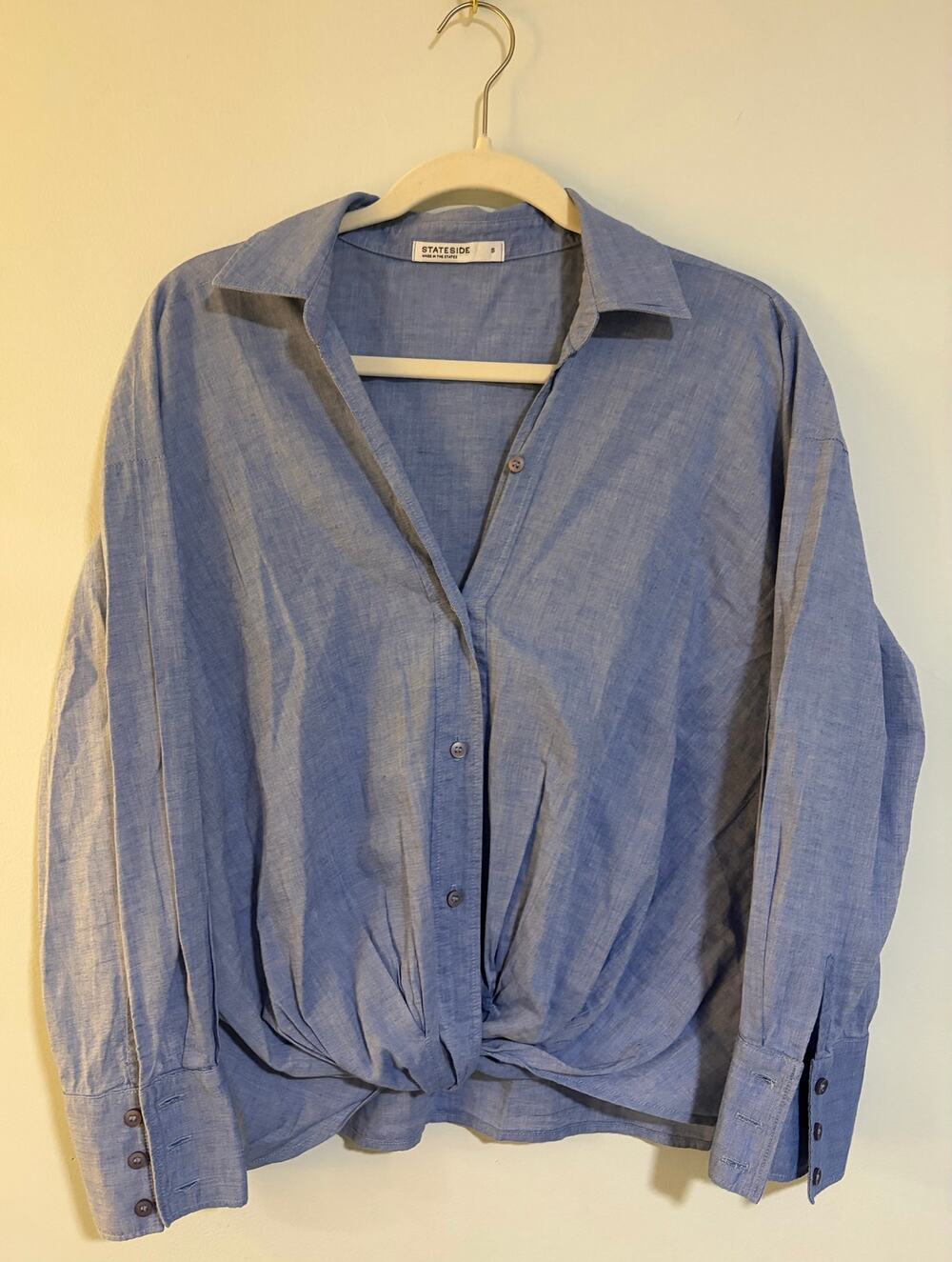 Stateside Size S Blue 100% Cotton Twist Front Button Down Shirt Made in USA